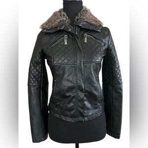 Black Quilted Faux Leather Moto Jacket Rocker Streetwear Winter Glam Size Small